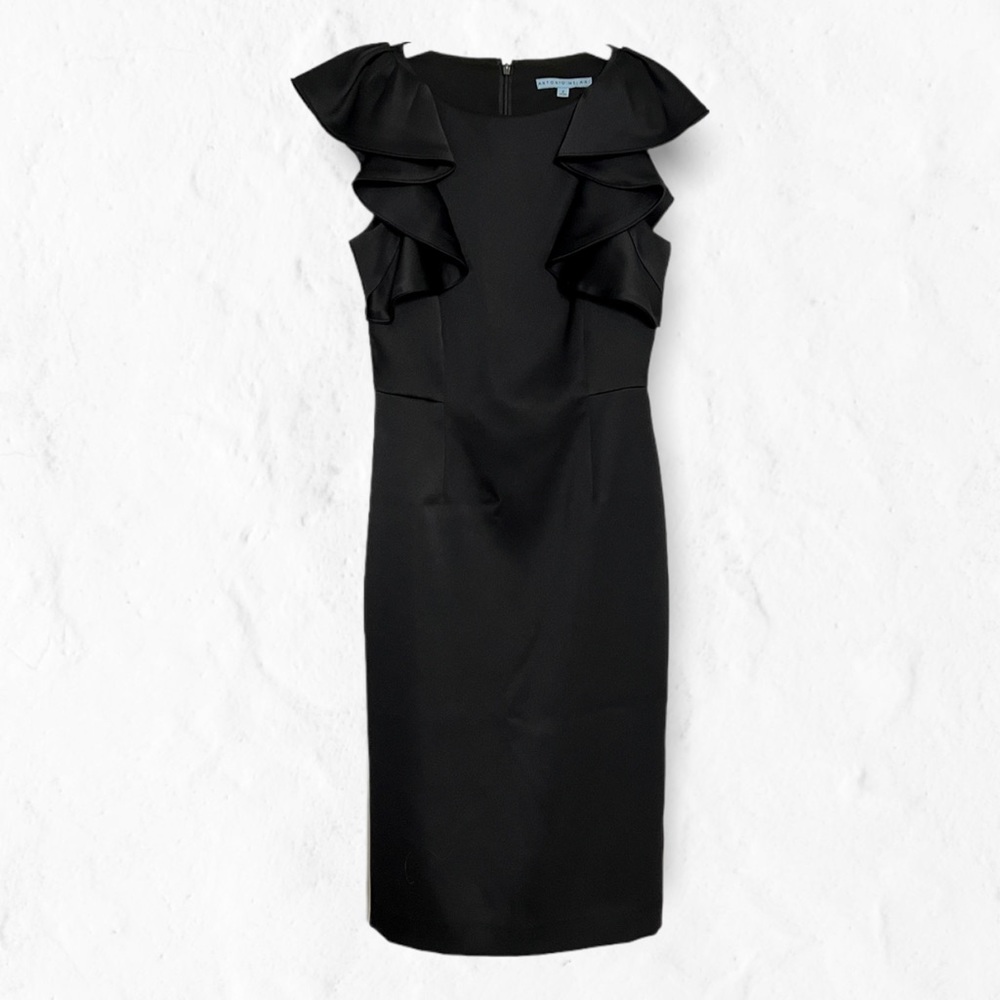 Antonio Melani Black Ruffle Shoulder Satin Sheath Dress 2
